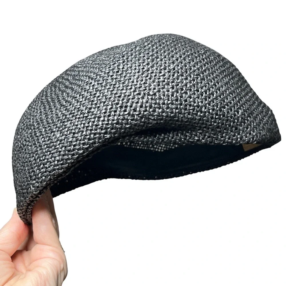 A. Adams & Spire Black Straw Flat Cap‎ Newsboy Driving Hat Lightweight Size L